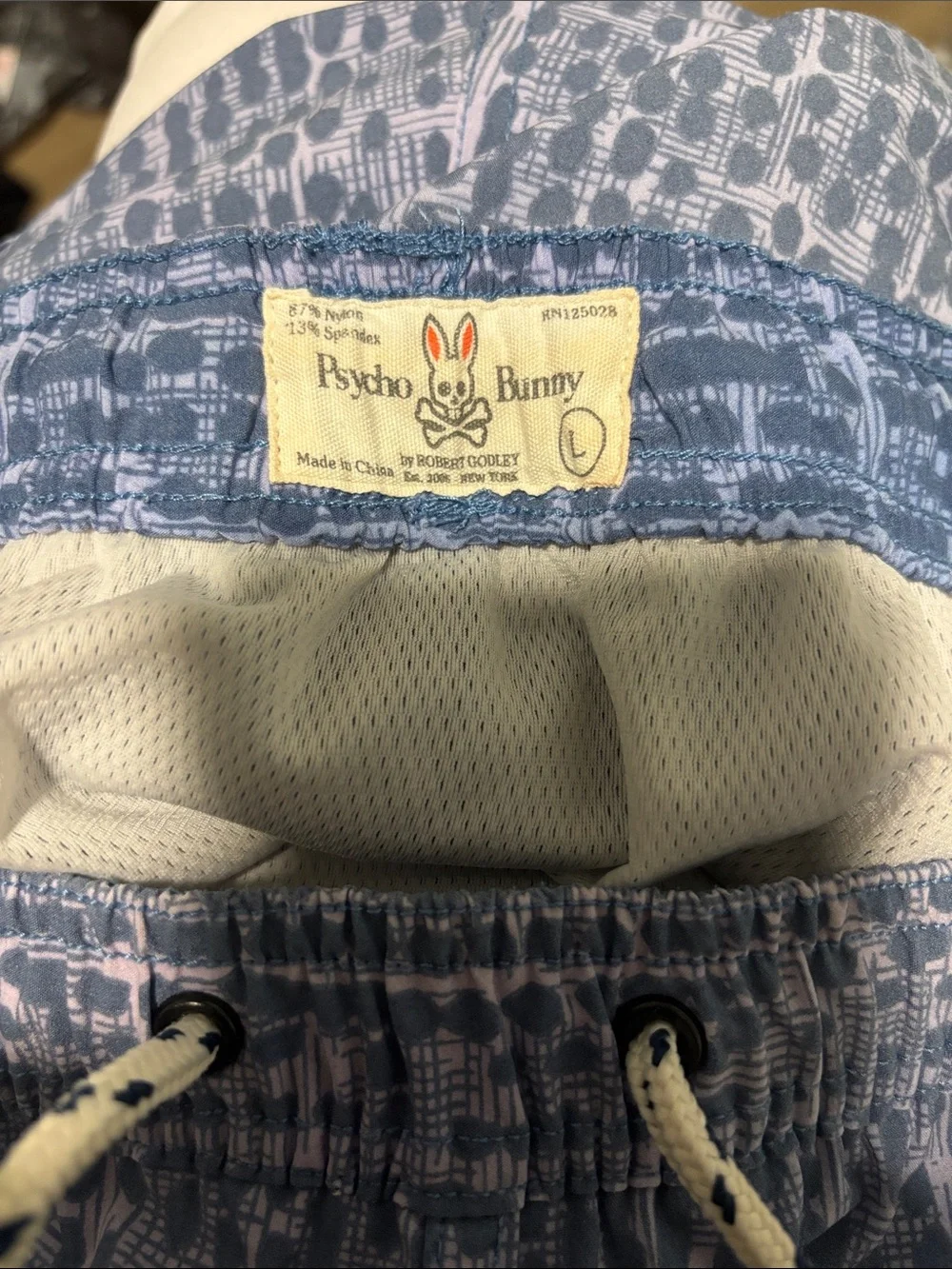 Psycho Bunny Blue Patterned Men’s Swim Trunks with Orange Accents Size Large